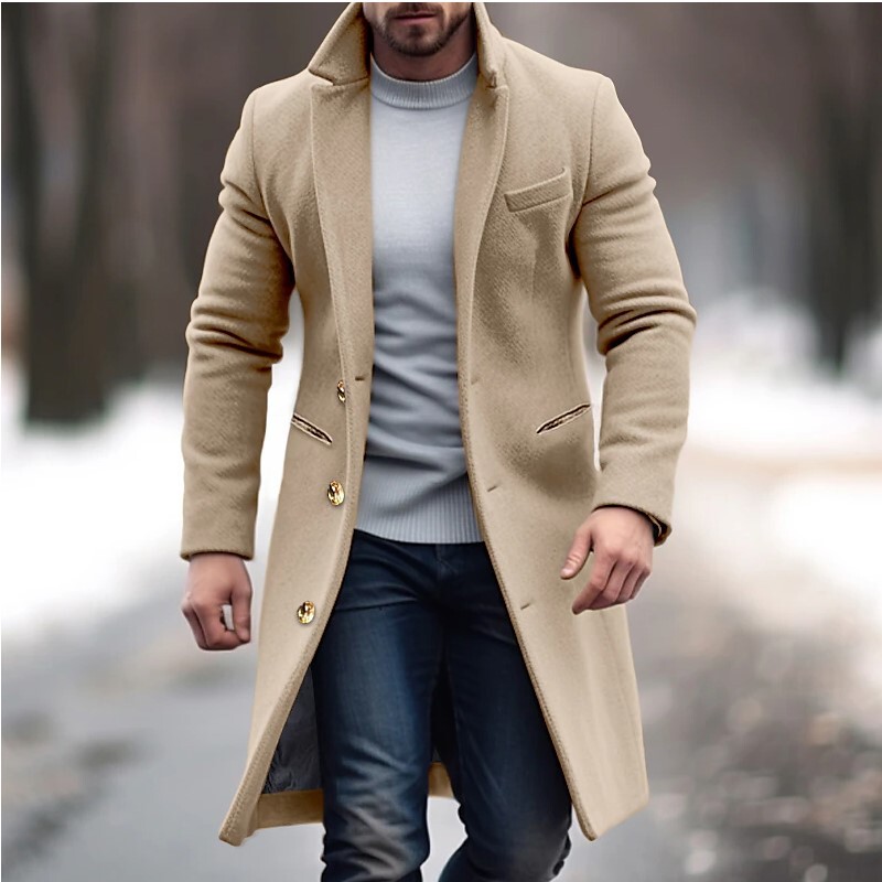 [Woolen Trench Coat] Men's Dragon and Phoenix Woolen Mid-Length Coat for Spring, Autumn, and Winter, Fashionable Single-Breasted Solid Color Jacket, Trendy