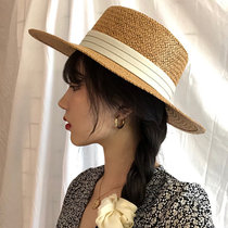 Net red flat top straw hat womens summer fashion beach hat sunshade sunscreen retro French flat brim hat small fresh top hat