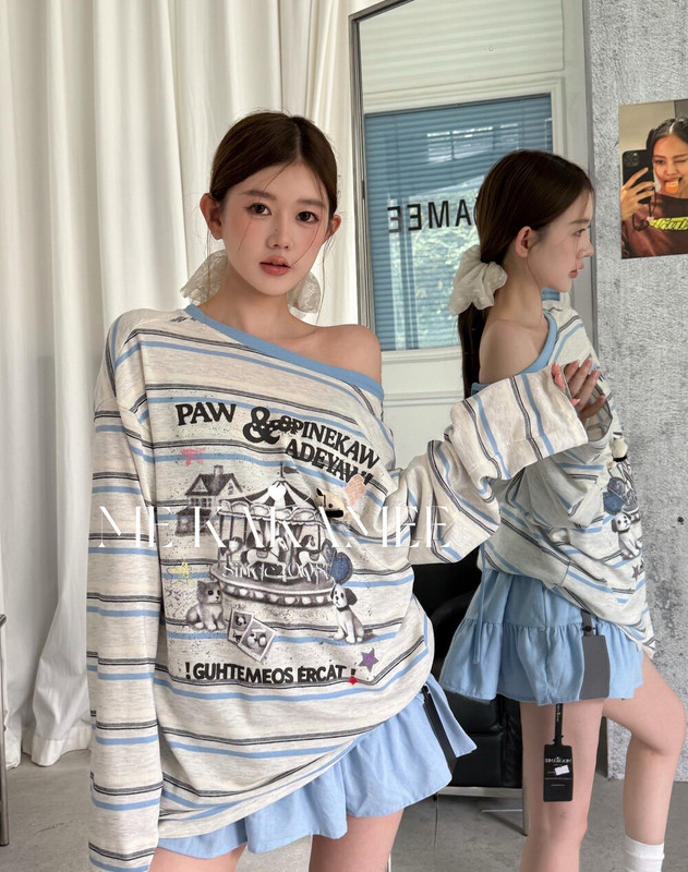 Me Kakamee Summer New Carousel Spray-Painted 3D Dog Stripe Color Dot Reversible Shirt 5003