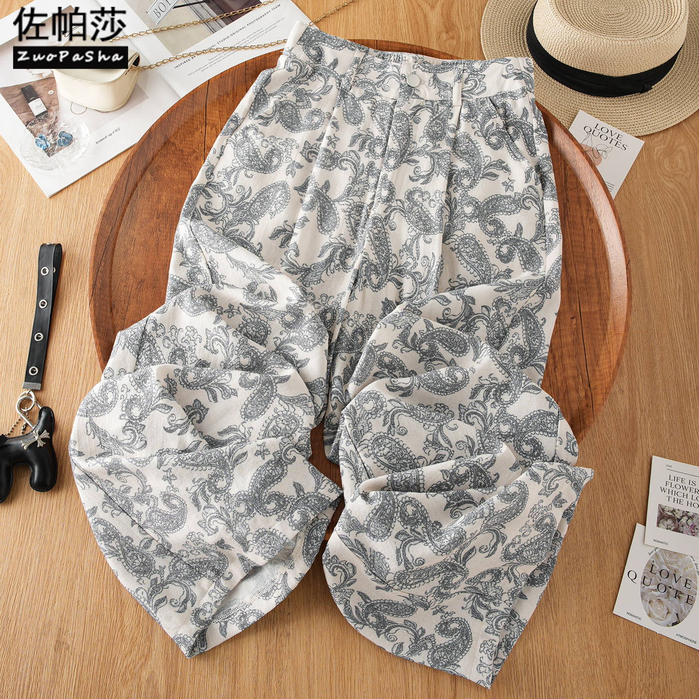 时尚流行腰果花亚麻裤子女2026年夏季新款松紧高腰显瘦休闲阔腿裤