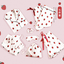 Seven-piece pajamas womens spring and autumn summer pure cotton Korean version of cotton thin section long sleeve with chest pad short sleeve summer home clothes