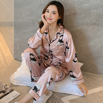 Ice silk pajamas womens spring and autumn sexy long-sleeved thin Korean version loose autumn and winter silk can be worn outside home clothes suit