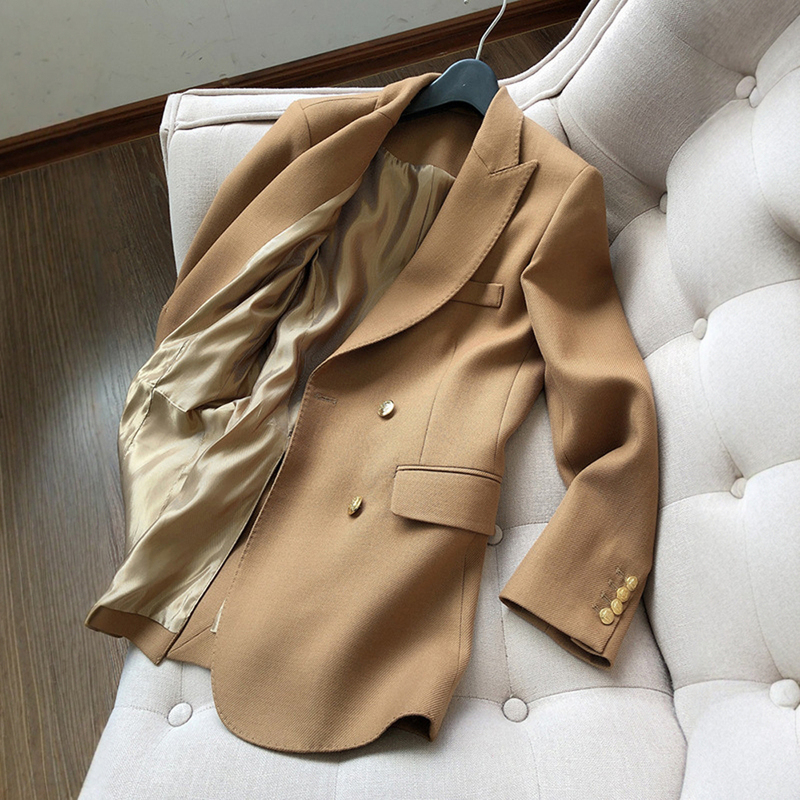 Light Luxury, Smooth and Silky! Fine-Spun Wool Texture with Gold Buttons, Small Blazer, Spring and Autumn Double-Breasted Casual Suit Jacket