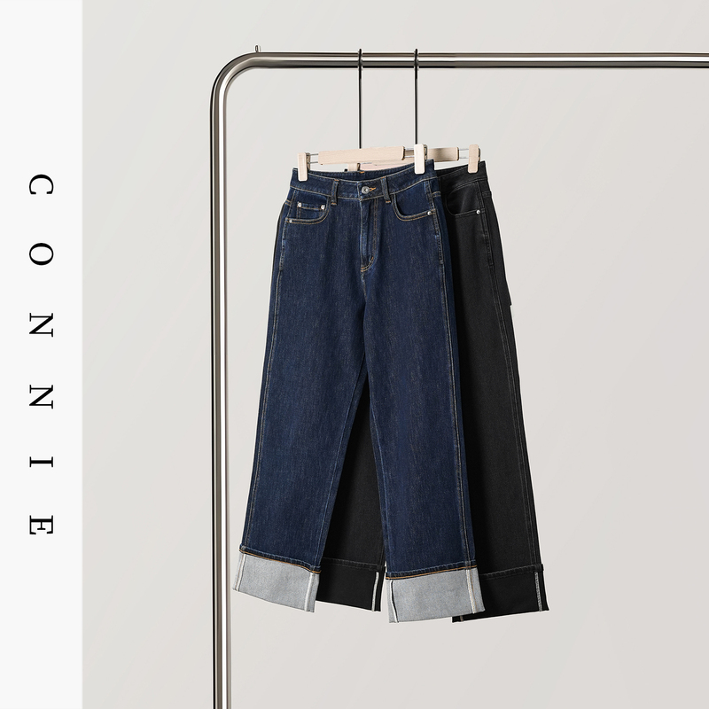 Export Factory Product! Customer-Supplied High-Elastic 82% Cotton, Simple Straight-Cut Design, Slimming Effect, Skin-Friendly and Comfortable, Cuffed Denim Pants.