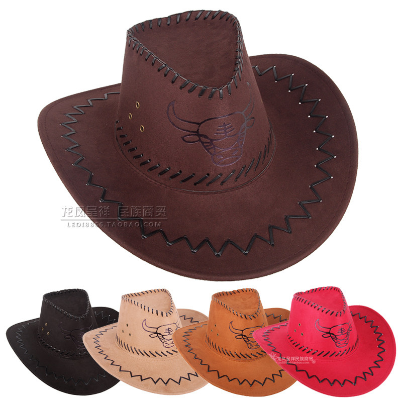 Western cowboy hat Grassland tourist visor men's and women's summer cool hat Mongolian imitation leather breathable bull head big brim hat