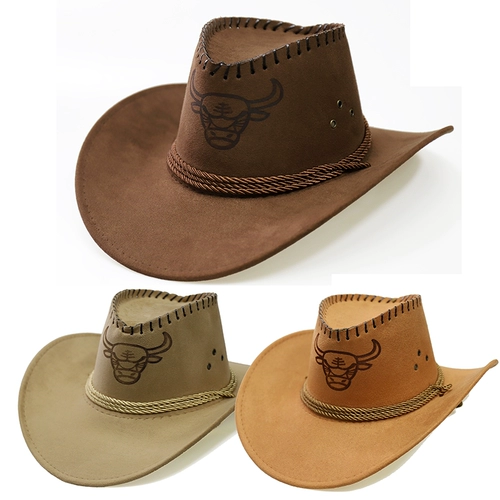 Западная ковбойская шляпа, прерийная дорожная солнцезащитная шляпа для мужчин и женщин, летняя крутая шляпа, монгольская искусственная кожа, дышащая шляпа с головой коровы, шляпа с большими полями