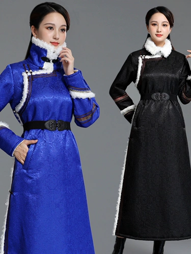 Осенне-зимний монгольский халат, женский теплый длинный хлопковый халат с высоким воротником, монгольский элемент, хлопковое пальто в этническом стиле, повседневная одежда в этническом стиле