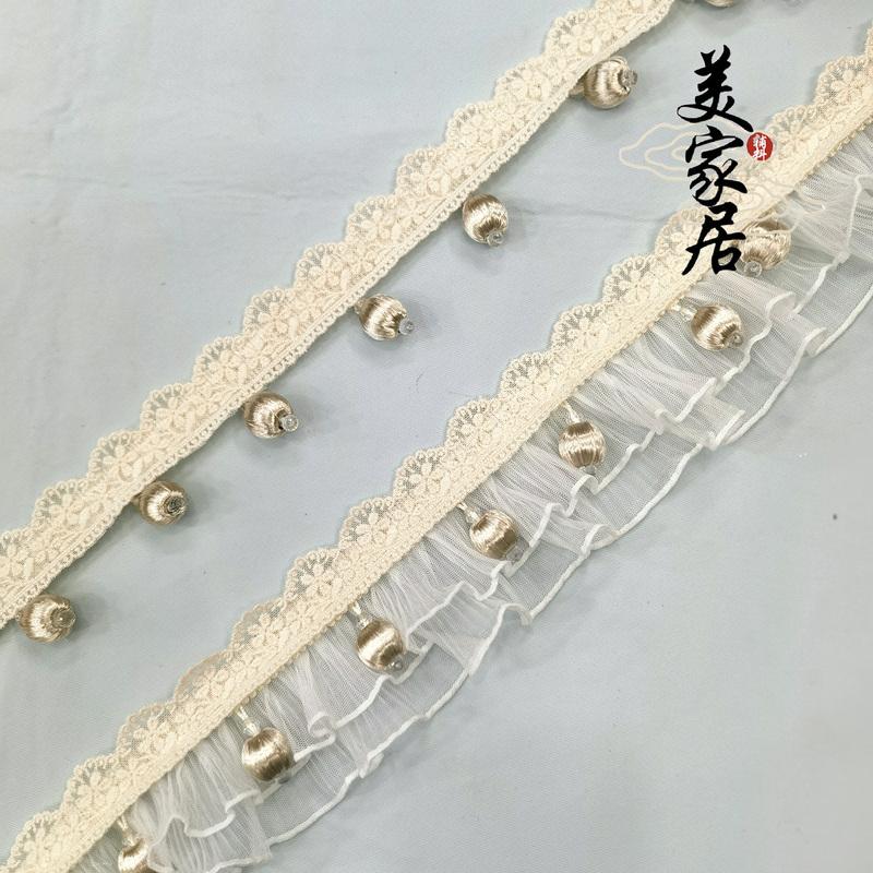 New Curtain Lace with French Style, Lace and Wooden Bead Decoration on the Side, Milk Tea Color, Small Chanel-Style Ruffled Edge Accessories for DIY