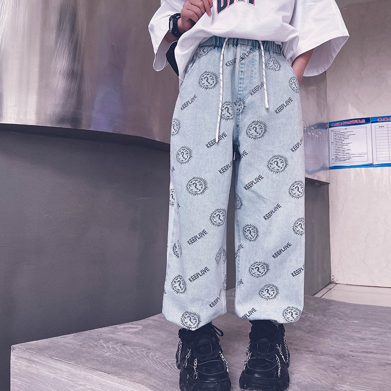 Cold bridesmaids custom men and women children printed denim trousers 100 lap soft and elastic waist street dance pants parent-child