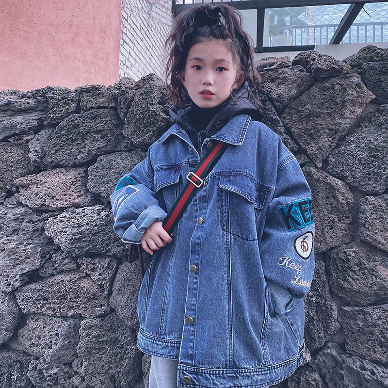 Cold Grand Lady Custom Children Autumn Winter Thickening Down Clothing Denim Jacket Two Sets 90 National Standard White Duck Suede Parent-child