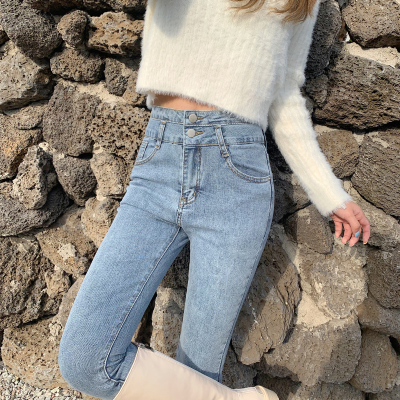 High waisted light colored jeans women 2021 New Spring Wear skinny slim pencil nine feet boots pants tide