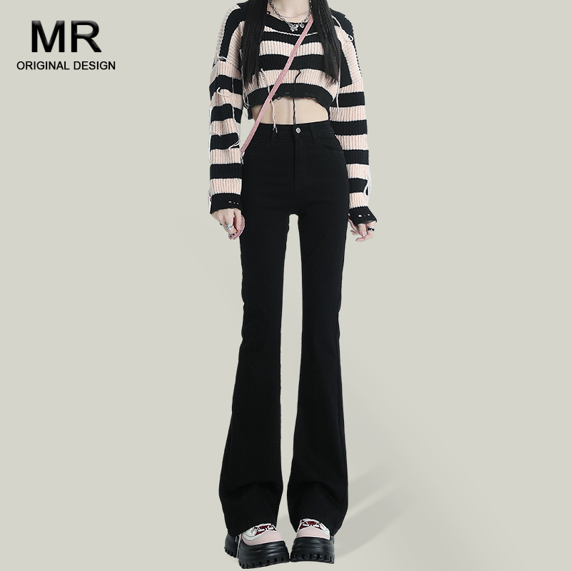 Black Flared Jeans for Women, High-Waisted, Early Autumn 2026 New Style, Fleece-Lined, Stretchy, Slim-Fit, Bootcut, Floor-Length Pants