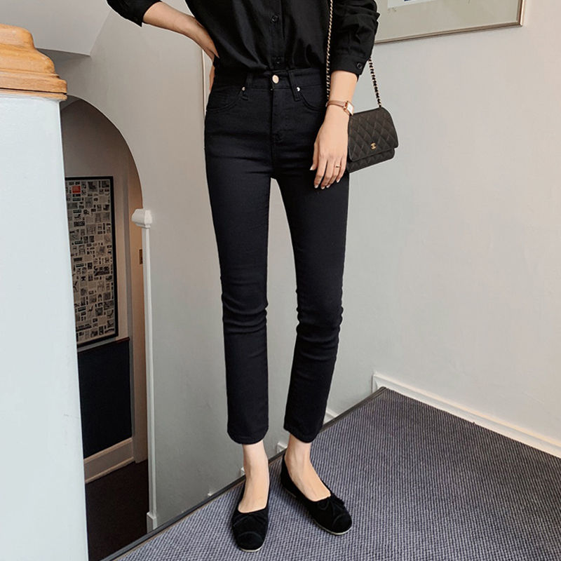 High waist black straight cylinder jeans female autumn loose display slim 90% smoke pipe pants 80% wide legs large size size fat MM pants