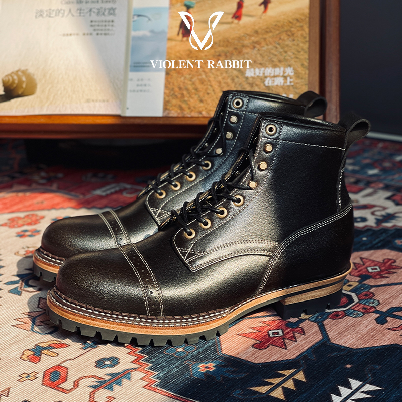 Vr Rabbit Springbok Plucked Olive Brown Jumping Antelope Leather Double Line Goodyear High-Top Men's Shoes Paratrooper Work Boots