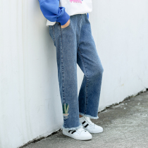  Girls  wide-leg pants 2021 new spring and autumn Korean version of Western style middle and large children loose straight jeans outer wear thin style trend
