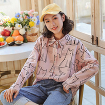  Girls  shirts spring and autumn 2021 new Western style middle and large childrens net red lapel casual long-sleeved top thin 12-year-old