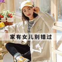  Girls  jackets spring and Autumn 2021 new Western style fashionable middle and large childrens loose casual hooded sweater thin 12 years old