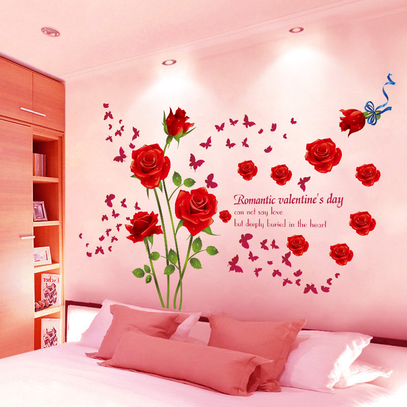 Red romantic rose wall sticker warm bedroom wedding room bedside decoration living room background wallpaper self-adhesive