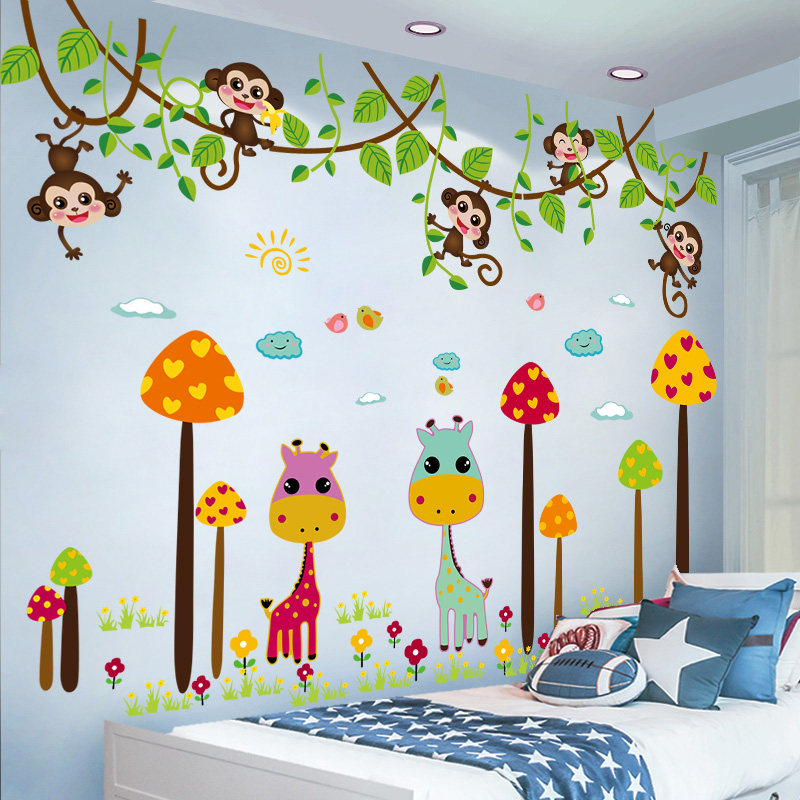 Cartoon Mushroom Deer wall sticker Boy bedroom Children's room decoration Bed wallpaper self-adhesive 3D Stereo wall sticker art