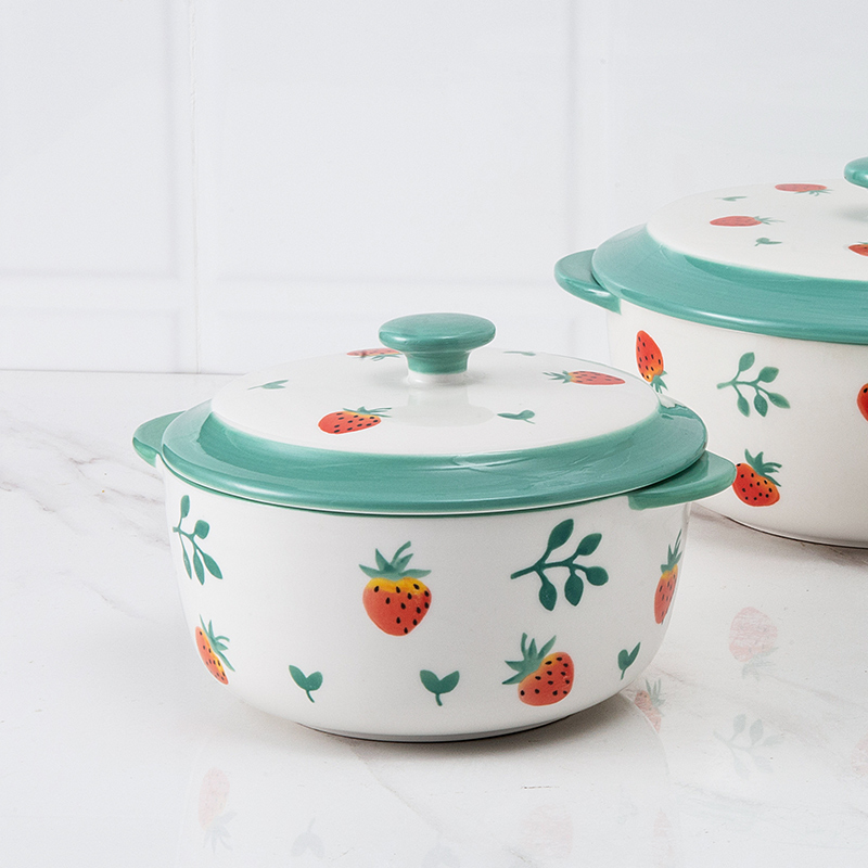 Mi Upright Wind Things Fresh Strawberry Twin Ear Soup Bowl With Lid Large Bubble Noodle Bowl Home Creative Personality Ceramic Big Soup Dish