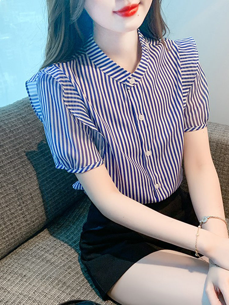 法式立领条纹衬衫穿搭惊艳了全部夏天的通勤路