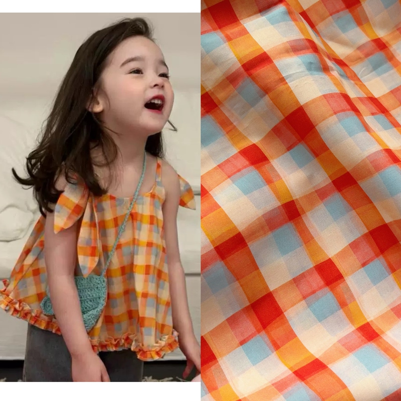 Pure Cotton Orange Plaid Fabric ins Korean Style Orange and Blue Contrasting Color 100% Cotton 60-Count Poplin Handmade DIY Clothing and Hair Accessory Fabric