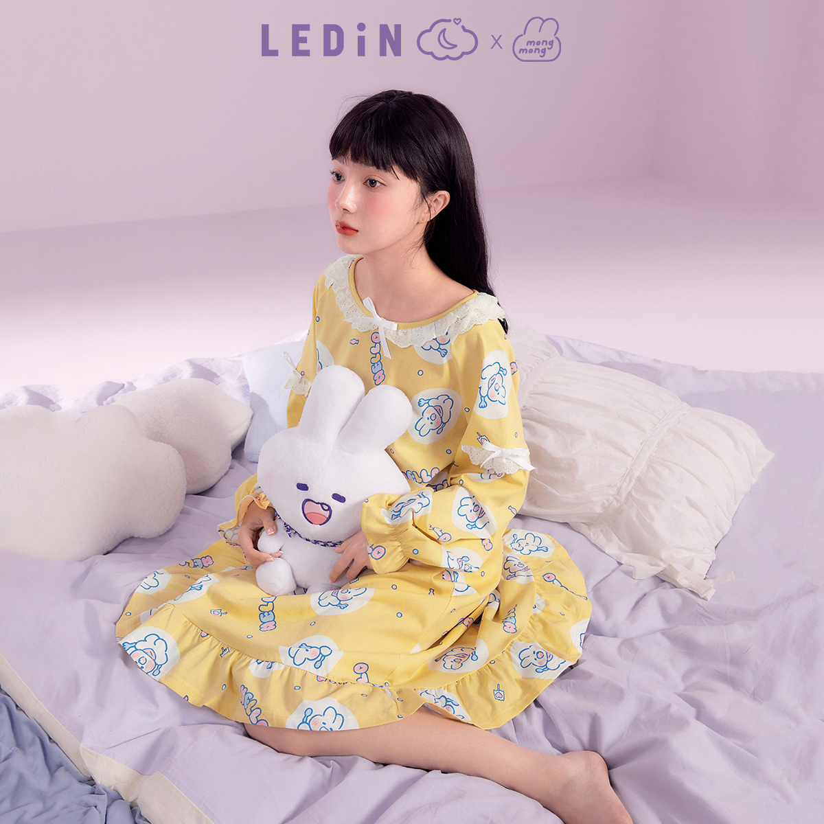 Lemachi Soft Cute Rabbit Joint Sleepwear Spring Autumn Long Sleeve Pure Cotton Sleeping Skirt Girl's Home Home Clothing Cartoon Extractable Dress Foreign Dress