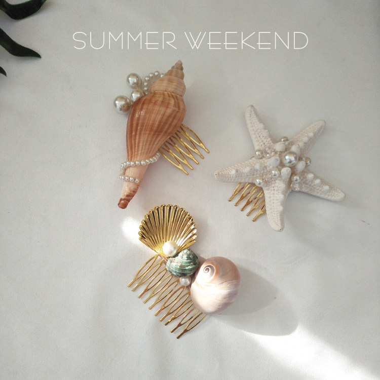 Korean-style ocean-themed natural starfish, conch, and seashell hair accessories, hair clips, hair flowers, and hair combs for vacation photography and retro Korean style.