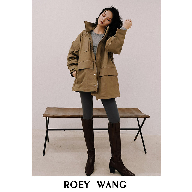 Roy Wang Khaki Trench Coat Women's Short Korean Style Loose Hooded Coat Fall Winter British Style