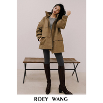 ROEY WANG khaki windbreaker womens short Korean version of loose hat jacket autumn and winter English style