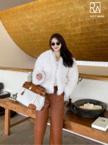 ROEY WANG rice White temperament lamb wool coat womens short loose retro eco-friendly wool coat