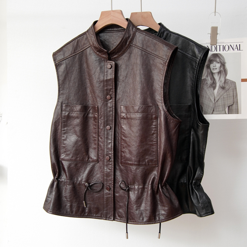 Popular Genuine Leather Versatile Oil-Waxed Waist-Cinching Button-Up Vest for Women 2026 New Sheepskin Sleeveless Outerwear Top Popular Genuine Leather Versatile Oil-Waxed Waist-Cinching Button-Up Vest for Women 2026 New Sheepskin Sleeveless Outerwear Top