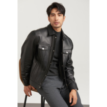 2021 Autumn New lapel sheepskin Haining leather jacket short mens casual motorcycle leather jacket