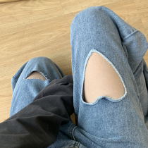 Fat sister size womens love broken hole jeans Autumn New 2021 loose high waist straight pants thin