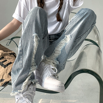 Breaking hole jeans womens straight loose high waist thin pants fat sister big size womens summer clothes 2021 New Tide