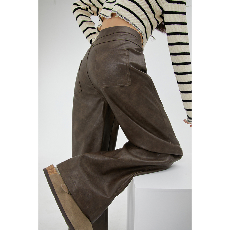 Linfang Brown Straight-Leg Leather Pants 2025 Spring and Winter New Loose American Casual Wide-Leg Pants for Women
