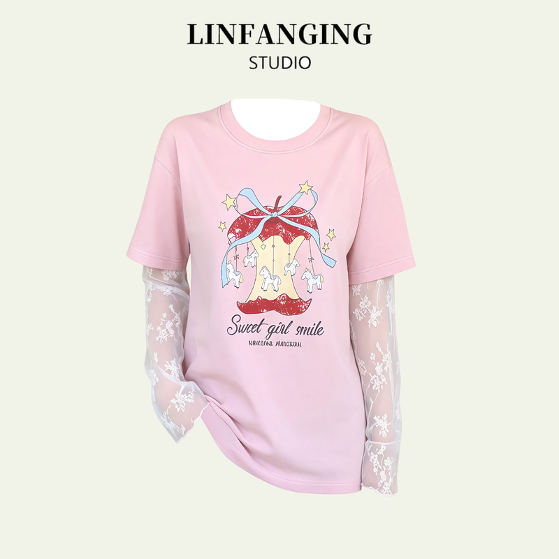 Linfanging Dreamy Style Lace Long Sleeve Faux Two-Piece Apple Print Loose Fit Versatile Design Top