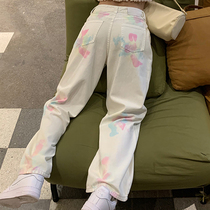 Fat sister size womens jeans Autumn New 2021 loose high waist straight wide leg pants children thin tide