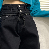 Fat sister plus size jeans Autumn New 2021 womens loose high waist straight wide leg pants show thin tide