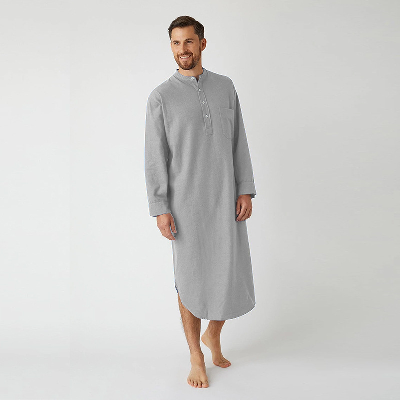 European and American Plus-Size Men's Fashion Nightgown Long-Sleeved Solid Color Printed Shirt Men's Collarless Long Loose Casual Robe