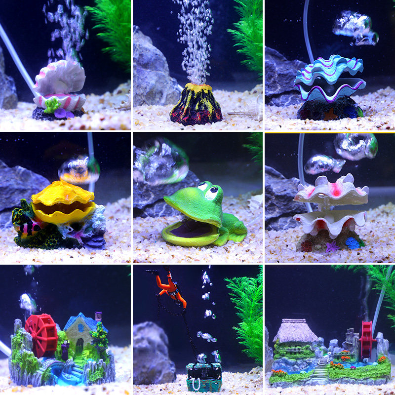 Small fish tank pneumatic oxygen pump Shell decoration escape aquarium set simulation fake volcano spit decoration water plants