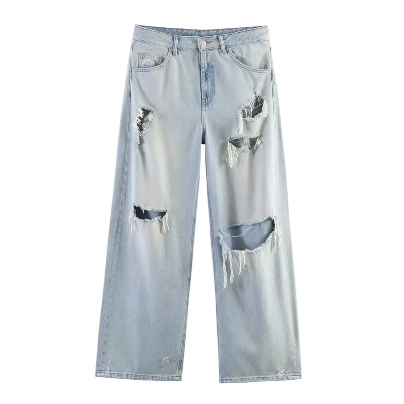 Za2026 Spring and Summer New Product Trf Women's European and American Style Ripped Decorative Mid-Waist Casual Loose Jeans 1300010