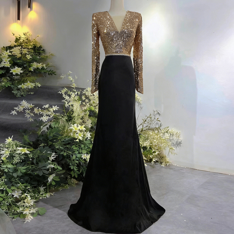 Gold Sequin Evening Dress, V-Neck, Niche Annual Meeting Host Performance Outfit, Light Luxury, High-End Feel, Coming-Of-Age Ceremony Mermaid Dress