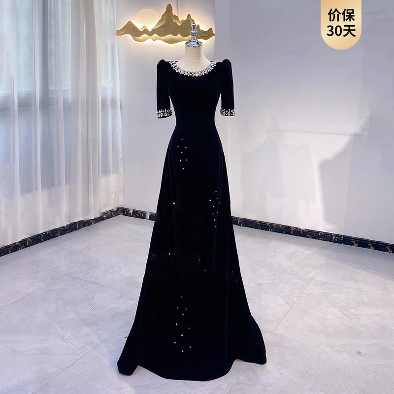 Black Sequin Evening Dress, High-End Elegant Host Banquet Long Dress, Ethnic Vocal Art Exam Choir Performance Dress