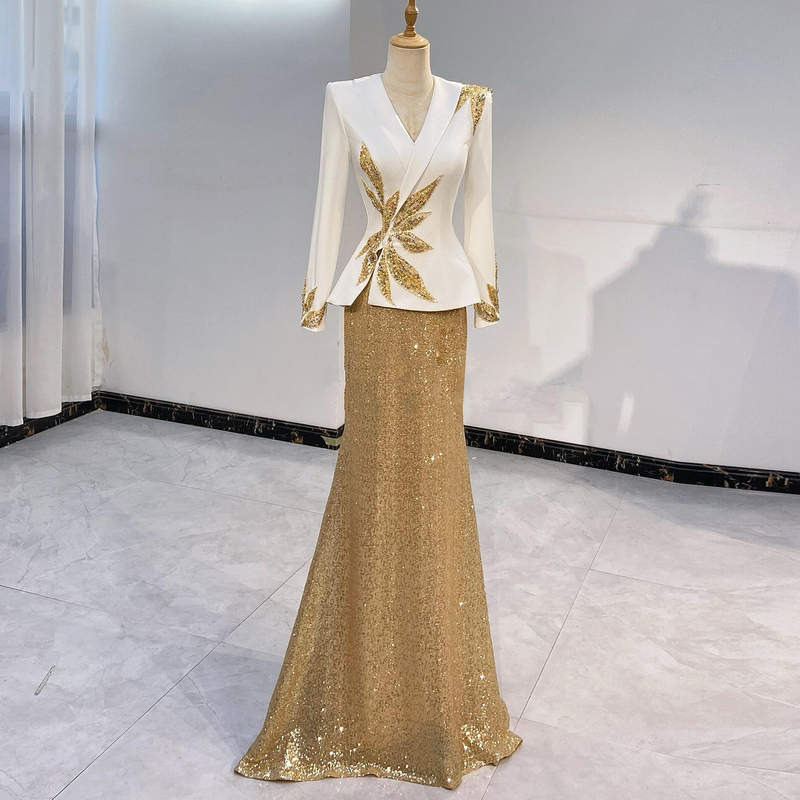 Formal Occasion Host Evening Dress Gold Sequin Broadcasting Art Exam Professional Suit Dress Folk Song Solo Performance Costume