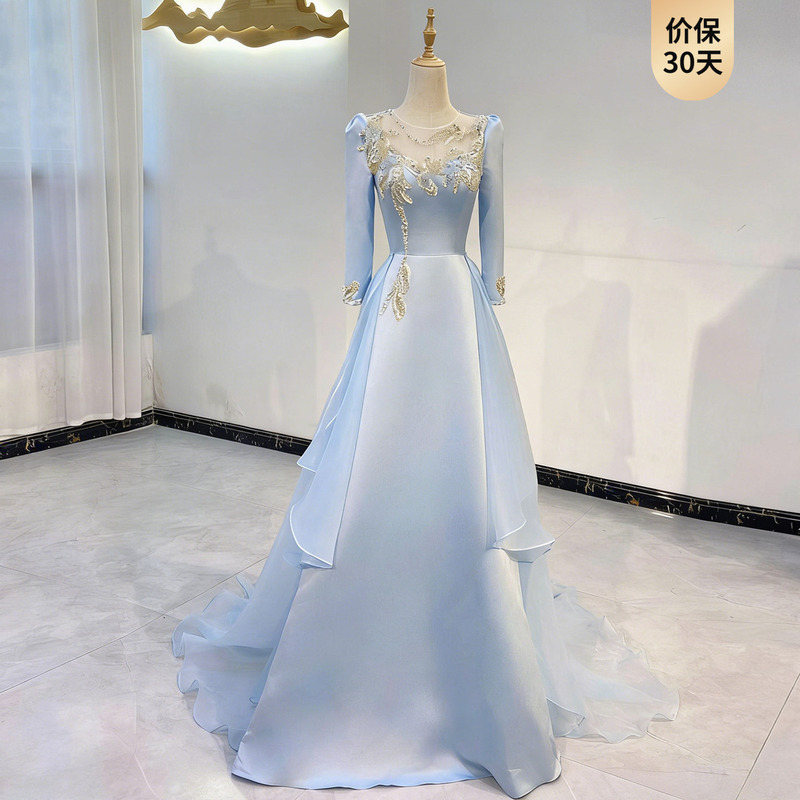 Blue Guzheng Performance Dress with Heavy Sequins, High-End Piano Performance Gown, Host's Ethnic Vocal Arts Exam Dress Blue Guzheng Performance Dress with Heavy Sequins, High-End Piano Performance Gown, Host's Ethnic Vocal Arts Exam Dress