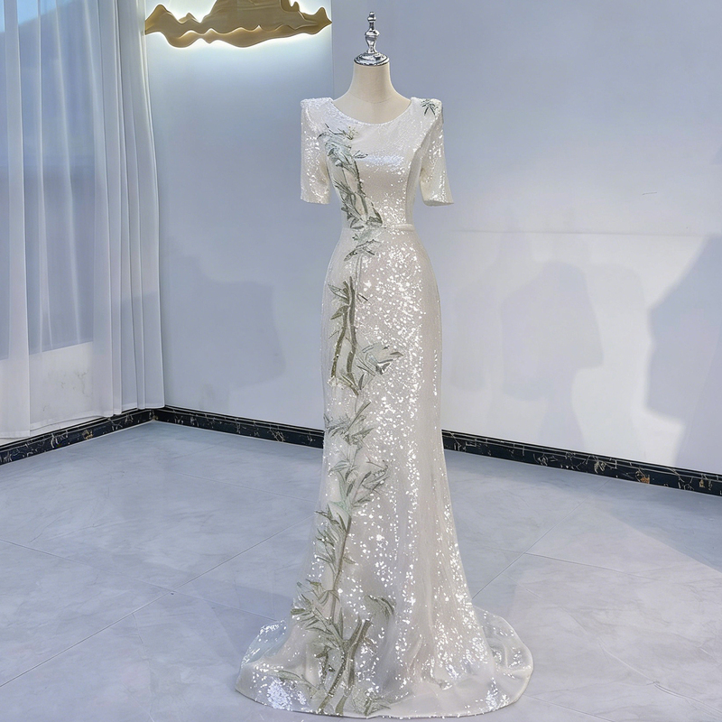 Silver Sequined Evening Dress, New Chinese-Style High-End Banquet Host Fishtail Dress, Female Vocal Solo Stage Performance Costume