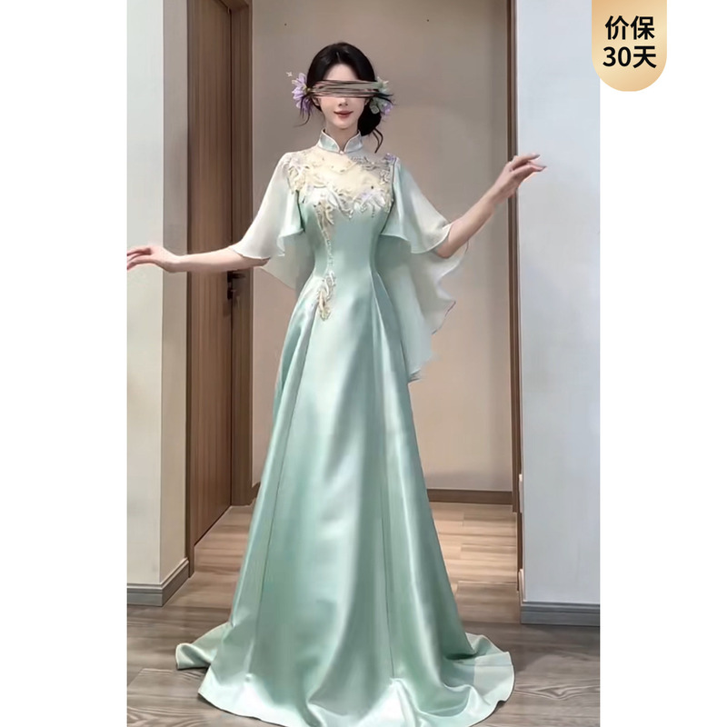Elegant and Grand Evening Gown for Guzheng and Pipa Performances, Traditional Chinese Style Long Dress for Solo Folk Singing and Host Performances