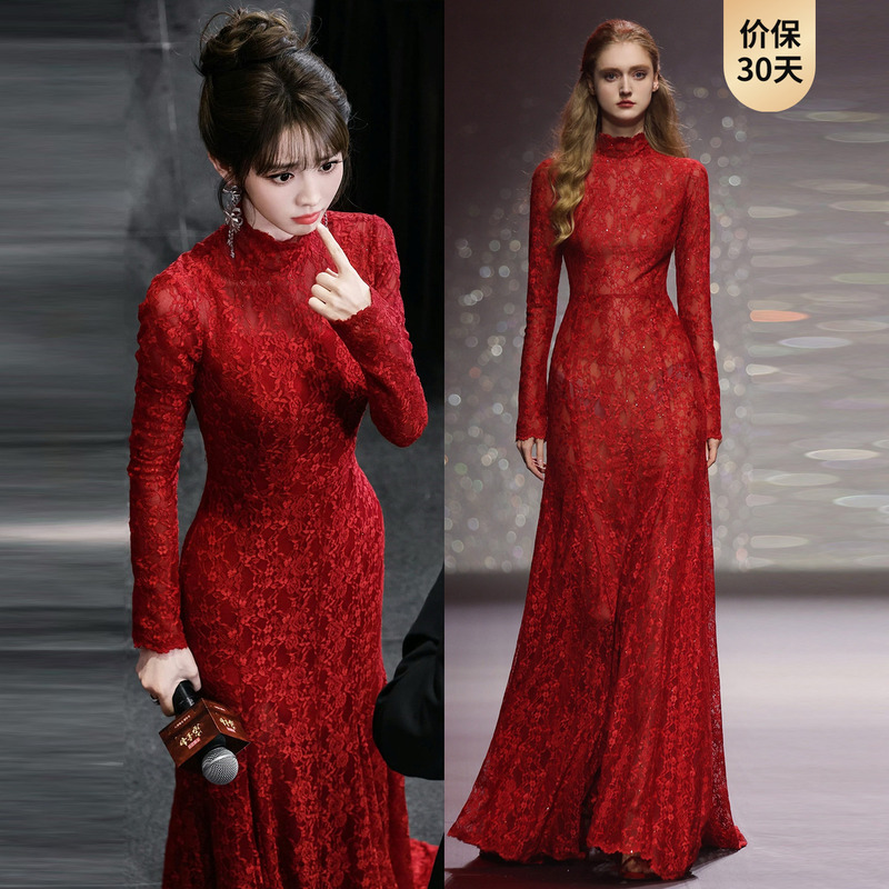 Red Lace Long-Sleeved Evening Dress, the Same Style as Ti Xivi's Celebrity Outfit, with a High-End Feel and Slimming Effect, Suitable for Engagement Banquets and Hosting Performances Red Lace Long-Sleeved Evening Dress, the Same Style as Ti Xivi's Celebrity Outfit, with a High-End Feel and Slimming Effect, Suitable for Engagement Banquets and Hosting Performances