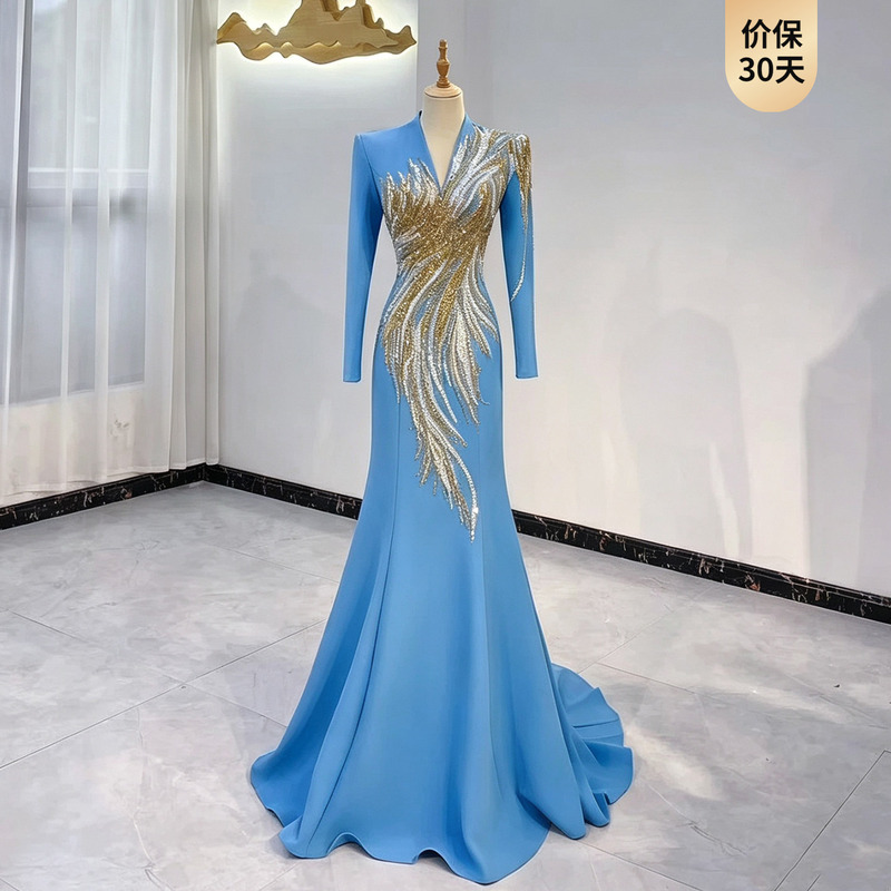 Blue Evening Gown for Art Exams, Ethnic Vocal Performance, High-End Fishtail Dress, Dignified and Elegant Long-Sleeve Performance Outfit Blue Evening Gown for Art Exams, Ethnic Vocal Performance, High-End Fishtail Dress, Dignified and Elegant Long-Sleeve Performance Outfit
